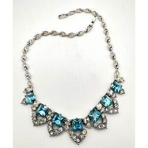 Vintage‎ BOGOFF Necklace Blue Rhinestone Silver Tone MCM Aqua Teal
